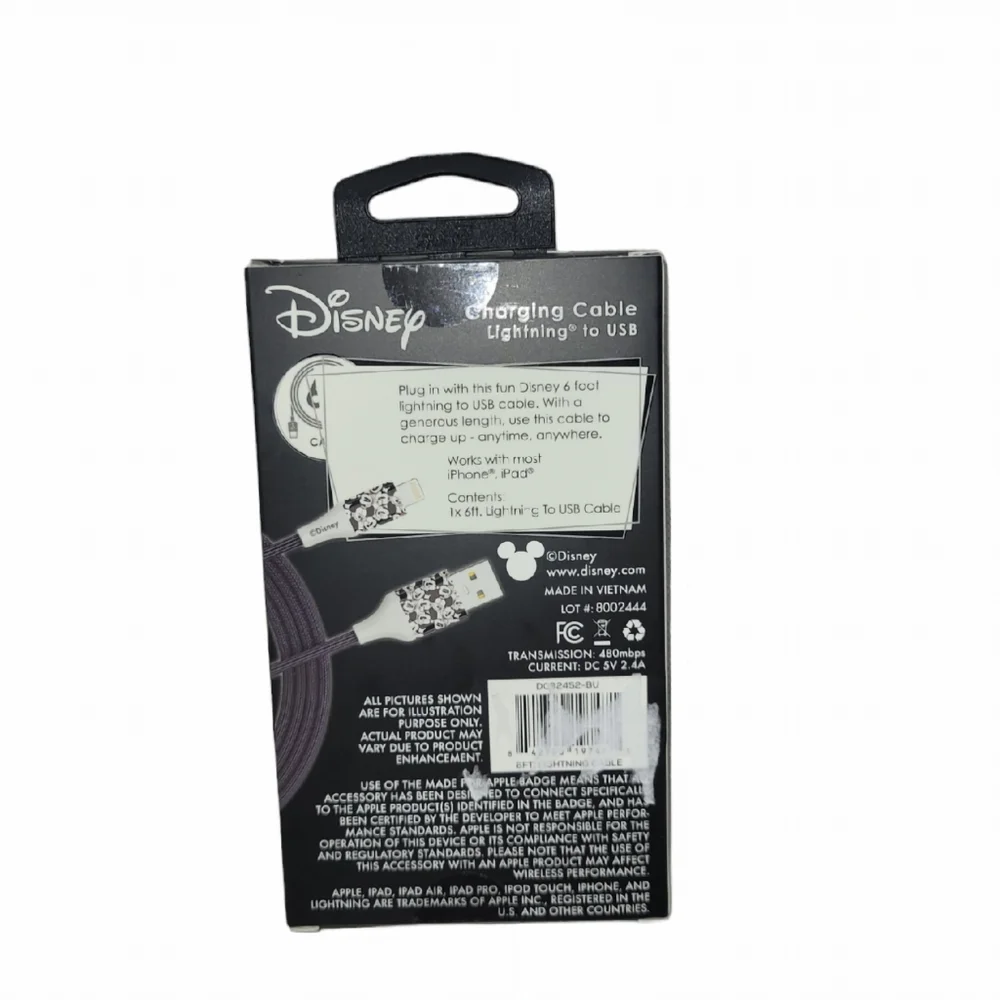 Disney Mickey Mouse 6Ft iPhone/Ipad Charging Cable Lightning To USB - New